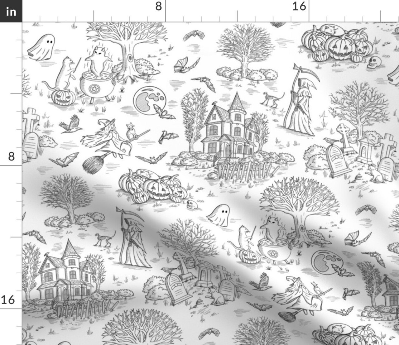 Ghosts Haunted House Jack O Lantern Pumpkins Graveyard Halloween Toile De Jouy Magic Custom Printed Fabric by Spoonflower Various Fabrics by the Yard or Fat Quarter